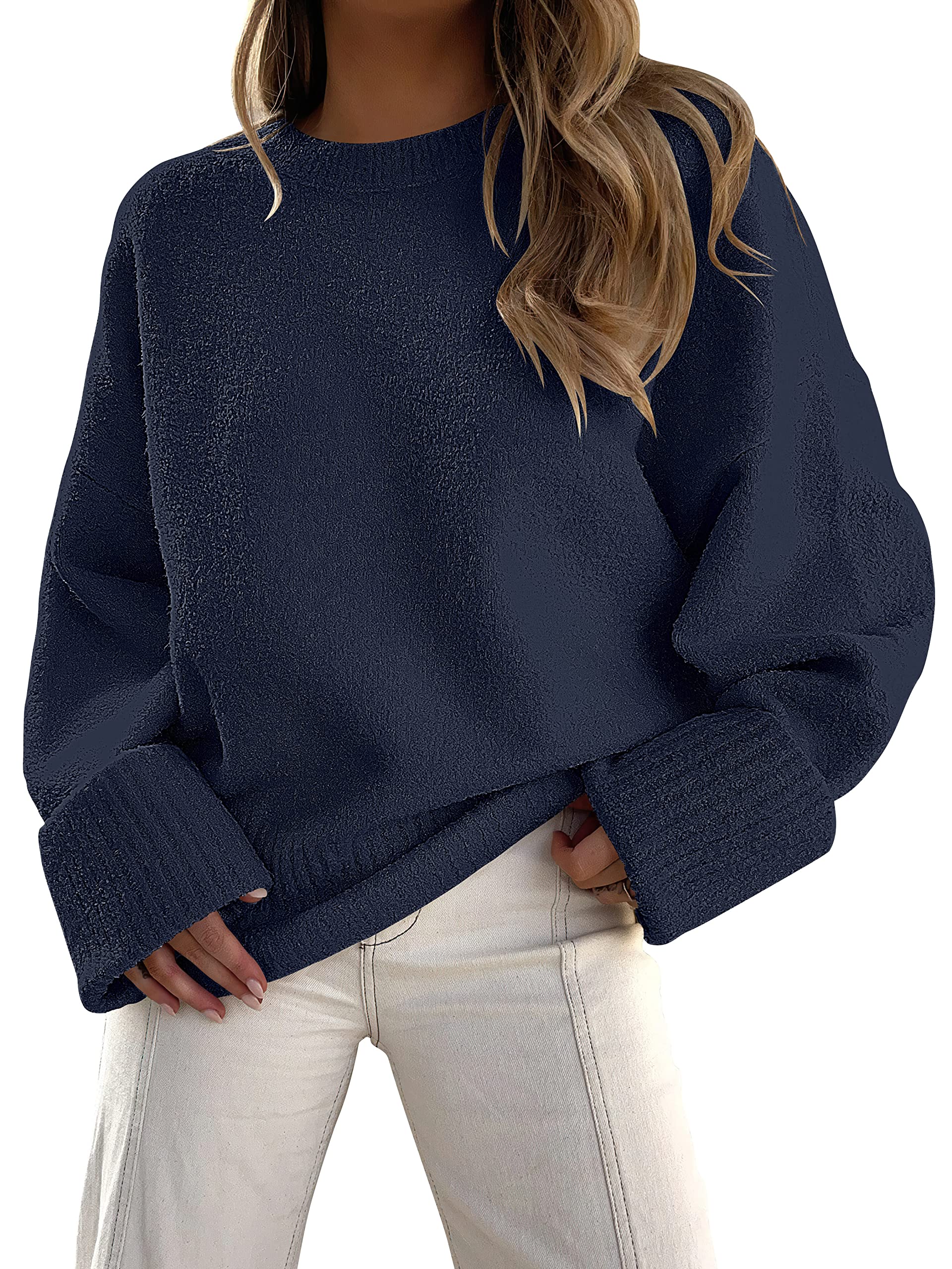 Photo 1 of **SEE CLERK NOTES**ANRABESS Women's Oversized Sweaters 2025 Long Sleeve Fuzzy Knit Casual Chunky Pullover Sweater Fall Outfits Clothes Navy Blue Small