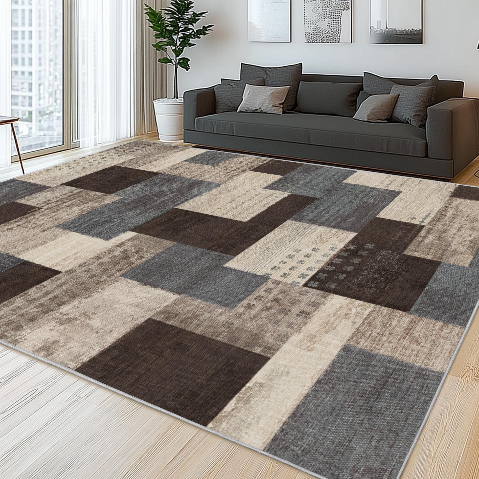 Photo 1 of QDUIDU Modern Geometric Patchwork Indoor Area Rug for Living Room, Blue-Taupe 6'x 9' Large Rug Rockwood Collection Hardwood Floors Decor for Bedroom, Blue Throw Carpet for Office Entryway Dining Room