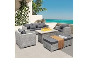 WAROOM Patio Furniture Set 6 Piece Grey Wicker Outdoor Furniture Patio Sectional Sofa Couch PE Rattan Conversation Sets with Fire Pit Table, Grey Cushion