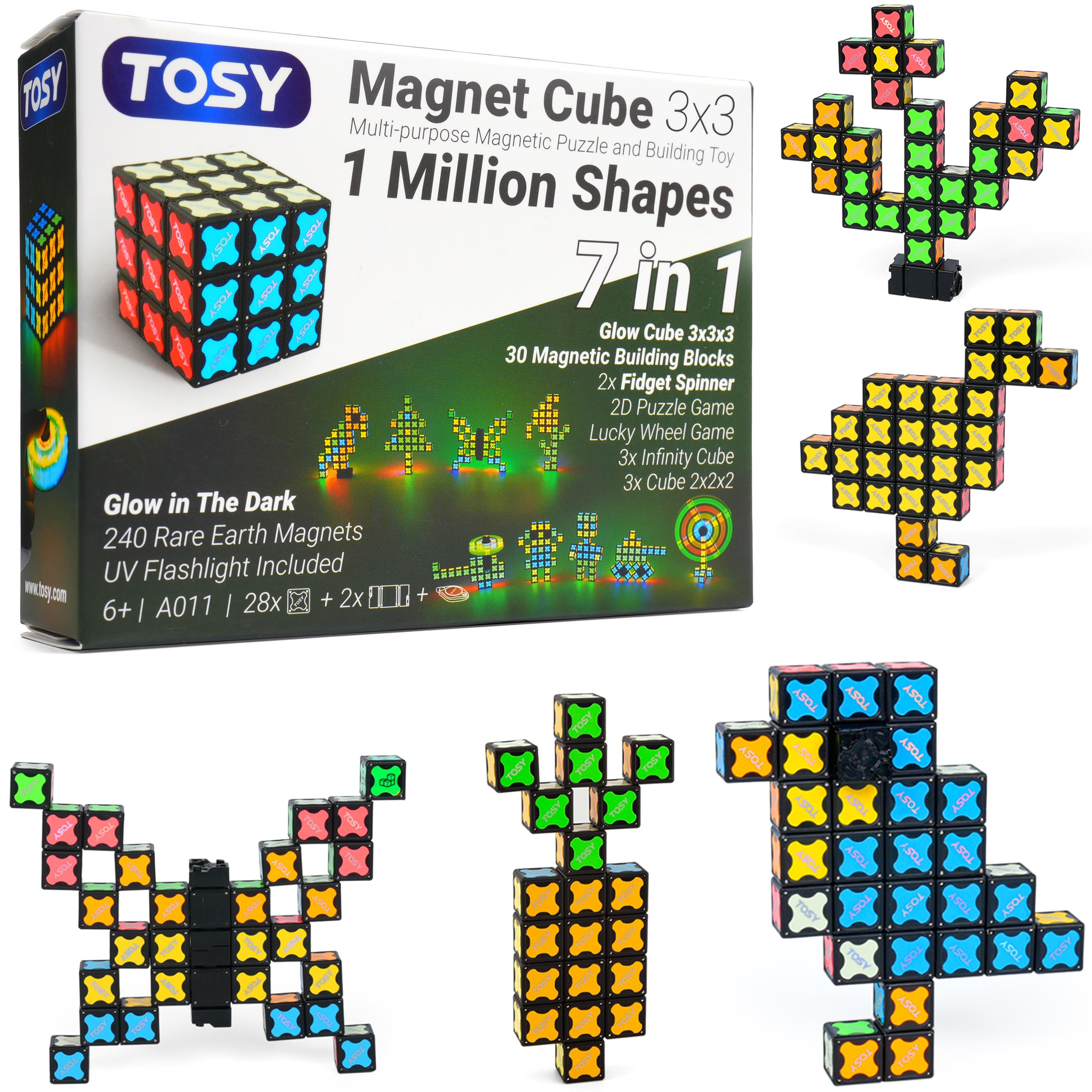 TOSY Magnet Cube 3x3-30 Blocks, 240 Magnets, Easter Birthday Gifts for Kids, Multipurpose: Creative Building Blocks, Transformable Fidget Spinner, Puzzle/Infinity Cube, Glowing STEM Toy