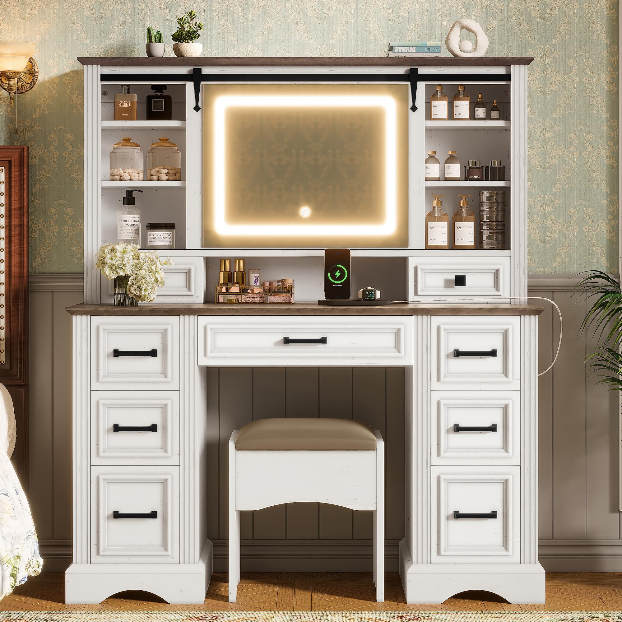 Photo 1 of Merax Farmhouse Makeup Vanity Desk with Sliding Lights Mirror & Storage Stool, Dressing Table with 9 Drawers and 4 Shelves, Large Vanity Set Ample Storage, 47.2" Wide, 54.88" High, White and Brown