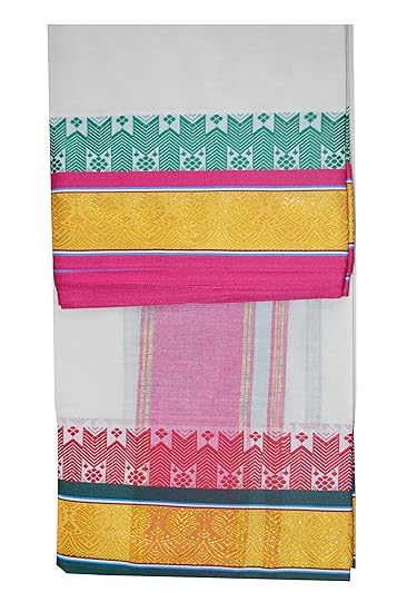 EXD246 Men's Traditional Jacquard Dhoti Of Golden Border with Temple Tower