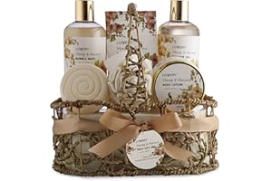 LOVERY Christmas Gift Baskets for Women Gifts for Women Who Have Everything, Home Spa Honey & Almond Scent, Luxury Bath & Body Set - Shower Gel, Bubble Bath, Body Lotion, Salts, Bath Bomb, Bath Puff.
