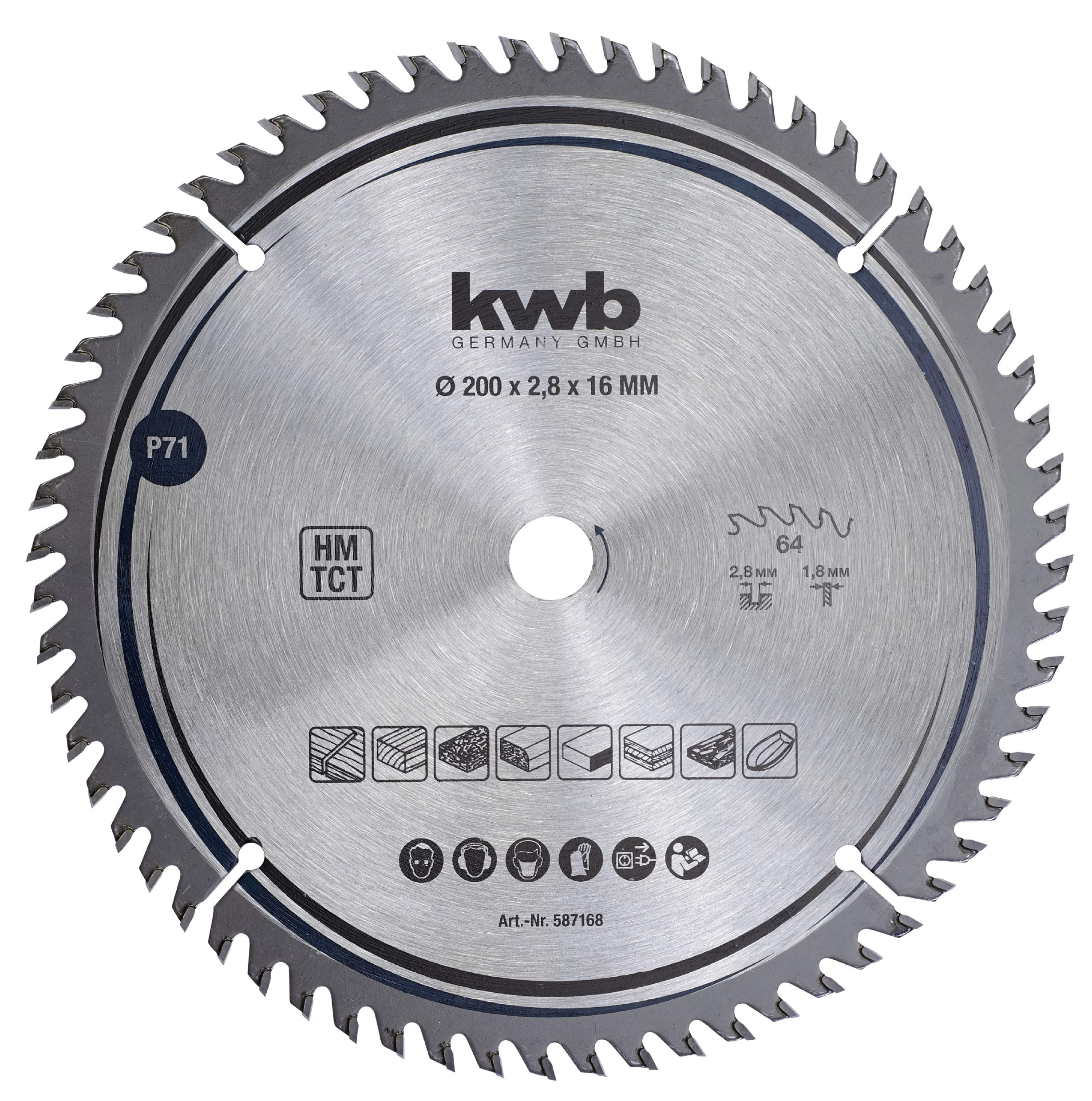 kwb 587168 Joiner's Circular Saw Blade, Wood/Hardwood, 200 x 16 mm cuts, high Number, 64 Teeth Z-64, Precision Saw Blade fine, 200 x 16