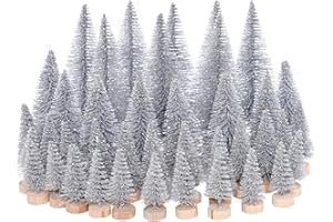 Yookat 40Pcs Mini Christmas Trees Artificial Mini Pine Trees with Wood Base Sisal Trees Bottle Brush Trees Assorted Color for Christmas Decoration Winter Ornaments (Silver)