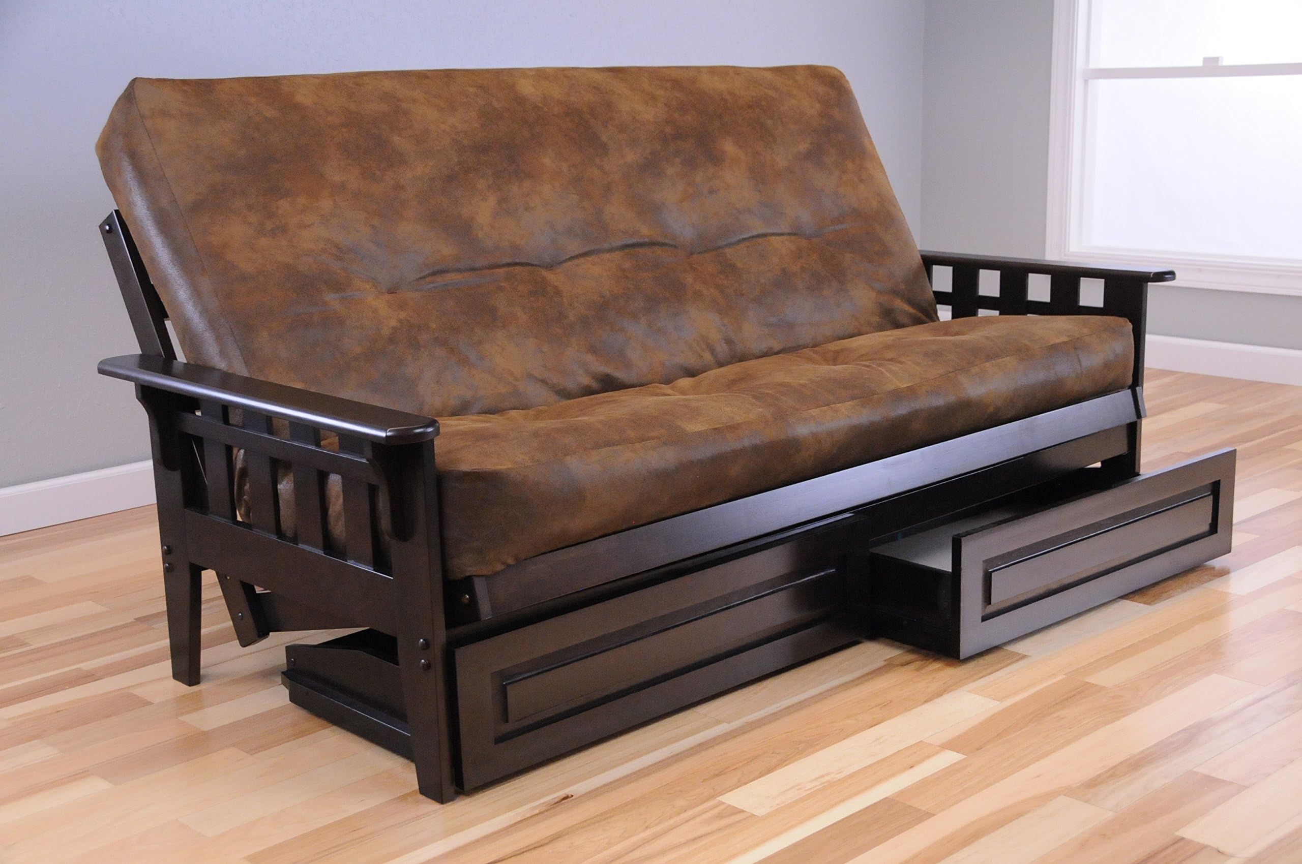 Wooden Futon Storage Drawers Mission Style Espresso Java Dark Brown Wood Frame with Full Size Mattress