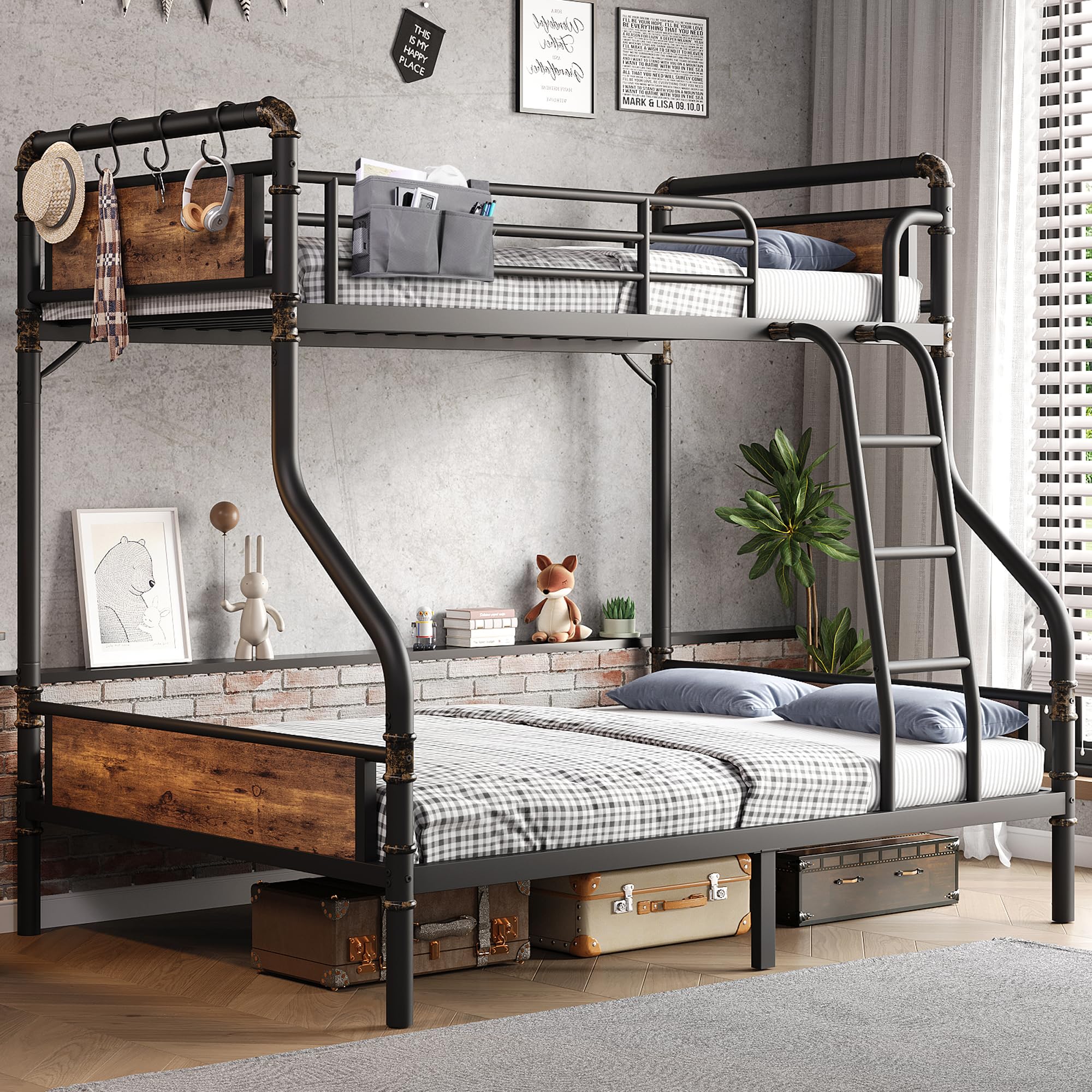 Photo 1 of ****reference*** ***only box ***Jocoevol Metal Bunk Bed Twin Over Full, Industrial Bunkbeds Heavy Duty Bed with Safety Guard Rails and Space-Saving Design, Steel Bed for School, Bedroom (Vintage Brown)