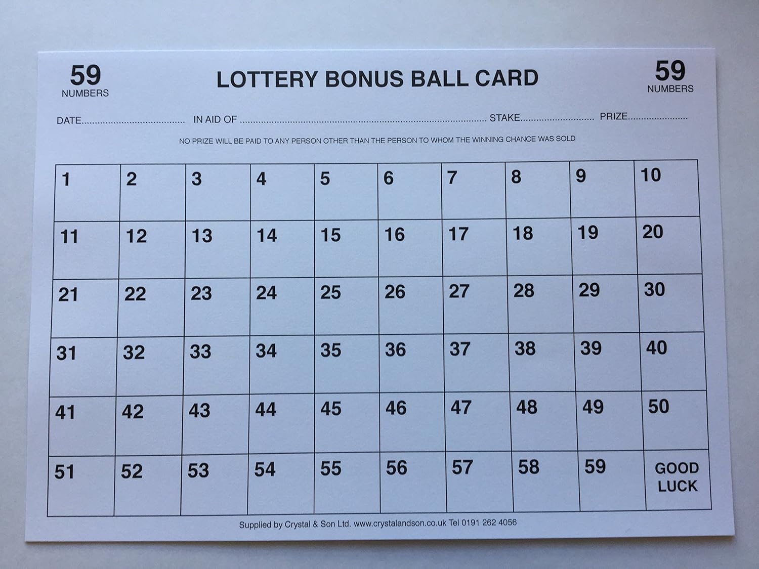 Crystals 1 59 Bonus Ball Card Lottery Bonus Ball Fundraising Cards 
