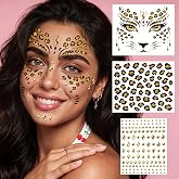Leopard Face Tattoos Set, 4 Sheets Waterproof Cheetah Face Tattoos with Gold Foil, Gold Gem Stickers, Leopard Makeup Temporary Tattoos for Halloween Animal Costume Party