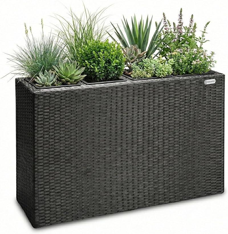 CASARIA Flower Box 4 Inner Pots Poly Rattan Rectangular Planter Brown