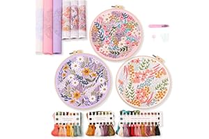 REEWISLY 3 Pack Embroidery Starter kit with Patterns and Instructions, DIY Adult Cross Stitch Kits Beginner, Including 3 Plastic Embroidery Rings, 1 Scissors, Colored Threads and Needles