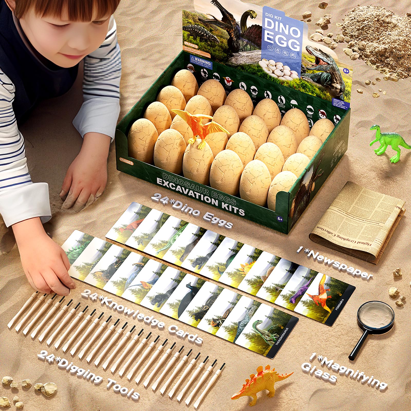 24 Dinosaur Eggs Dig Kit Toys for Kids, Surprise Dinosaur Eggs Excavation Kit with Magnifier, Science STEM Birthday Party Favors Easter Gifts for Boys Girls Age 3 4 5 6 7 8 9 10 + Years Old