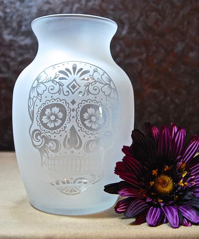 7.5 Inch Glass Etched Sugar Skull Vase Design 1 Handmade