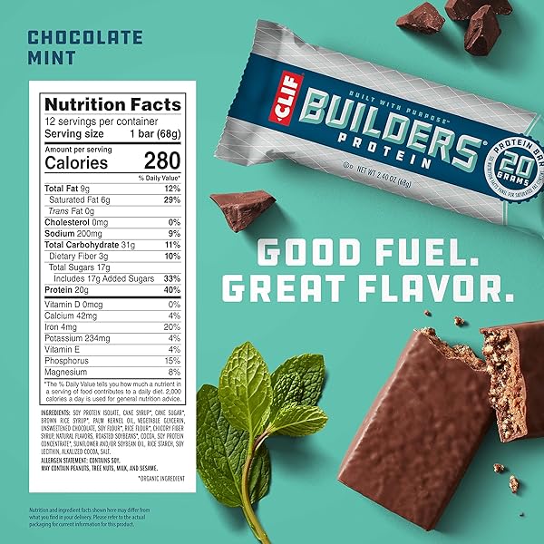 CLIF BUILDERS PROTEIN BARS – CHOCOLATE MINT FLAVOR – 20G PLANT BASED PROTEIN – GLUTEN FREE – NON-GMO – LOW GLYCEMIC – NO ARTIFICIAL SWEETENERS – VALUE PACK, 2.4 OZ. (12 COUNT)