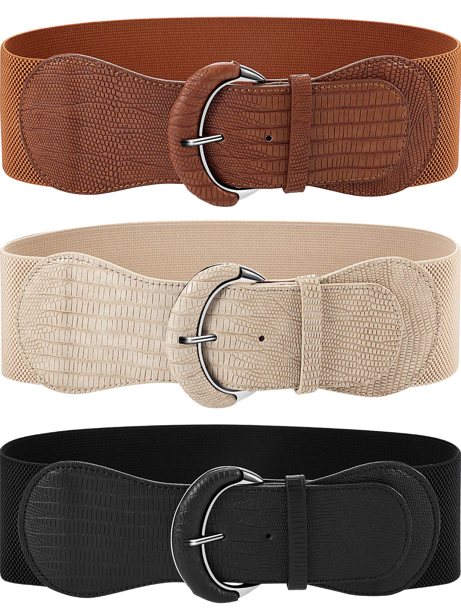 SATINIOR 3 Pieces Women Wide Elastic Belt for Dress Women Dress Belt Stretchy Cinch Leather Belt for Ladies Dress Decoration, Black, Brown, Beige, S