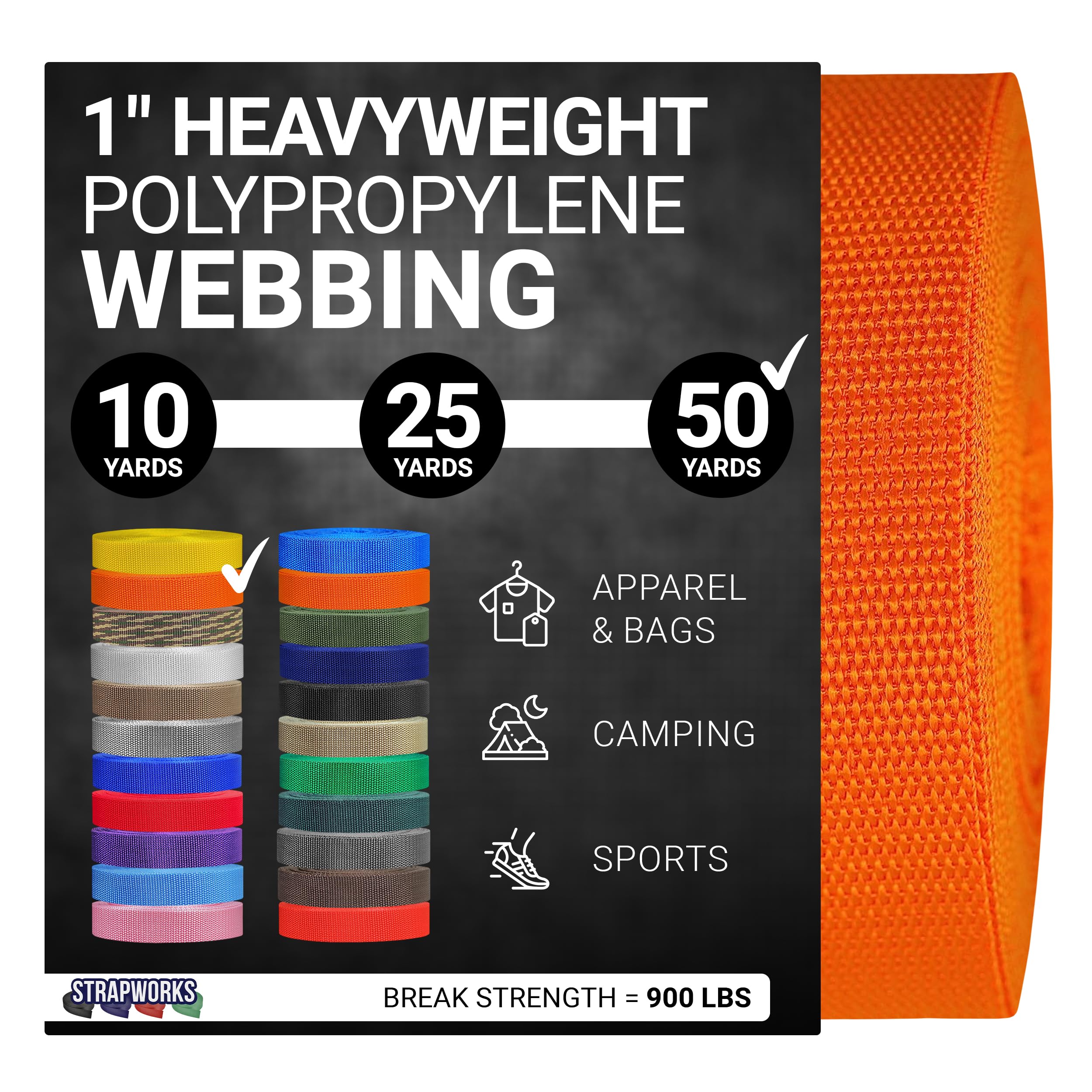 Strapworks Heavyweight Polypropylene Webbing - Heavy Duty Poly Strapping for Outdoor DIY Gear Repair, 1 Inch x 50 Yards - Yellow Gold