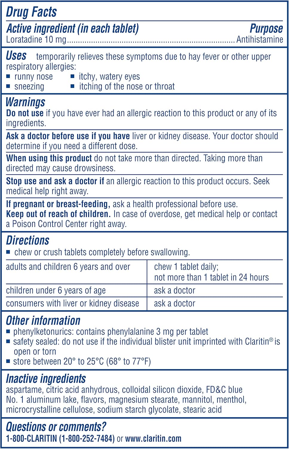 Claritin 24 Hour Chewable Allergy Relief, Non-Drowsy Allergy Medicine, Loratadine Antihistamine, Cool Mint Flavored Tablets, 64 Count: Health & Personal Care