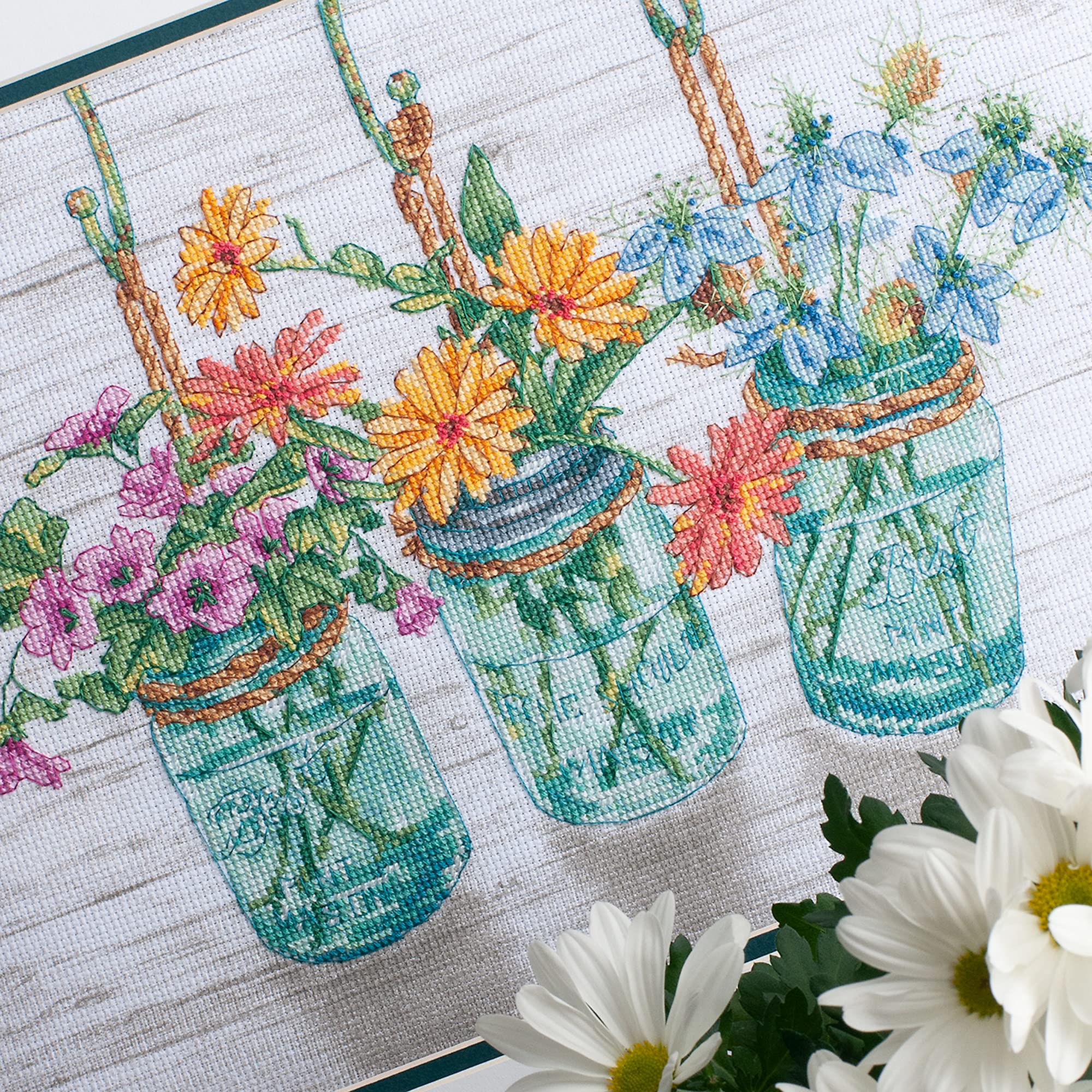 Dimensions 70-35378 Mason Jar Flowers Counted Cross Stitch Kit, 14 Cnt. White Aida Cloth, 14 x 10