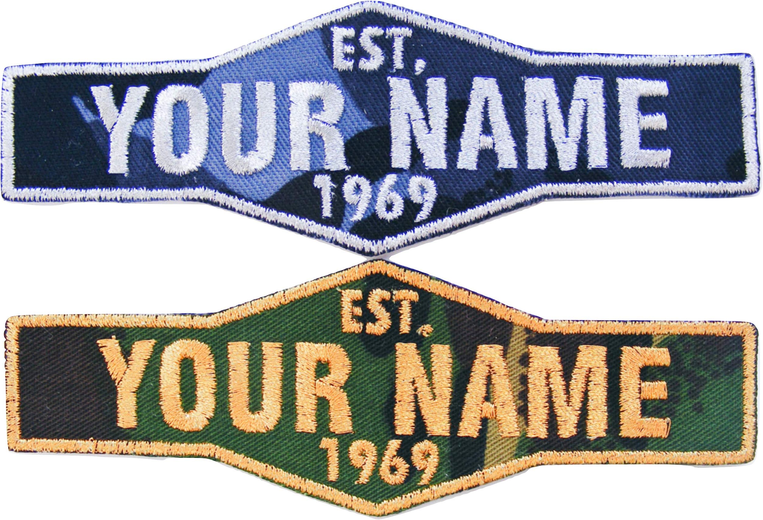 Emporium Embroidery Personalised Name Embroidered Patches Sew Iron On Badge Tag Hat Jeans Club Established Year on Camouflage