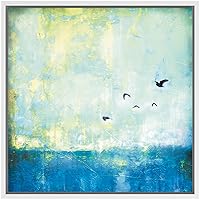 SIGNWIN Framed Canvas Wall Art Birds Flying Over a Blue Ocean and Green Field Landscape Wilderness Oil Painting Abstract Rustic Scenic Dramatic for Living Room, Bedroom, Office - 16x16 inches