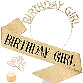 AOPRIE Birthday Girl Headbands Sash Tiara Crown for Women Girls Rhinestone Happy Birthday Accessories Favor Supllies Gold Black Pink, 3 Pack