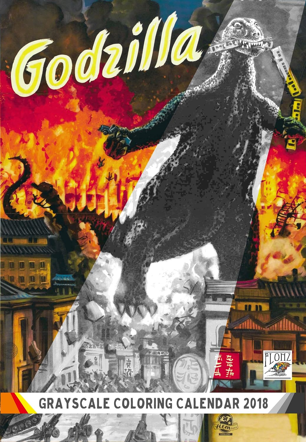 Coloring Calendar 2018 (12 pages 8"x11") Godzilla Vintage Movie Posters FLONZ Vintage Designs for Grayscale Coloring
