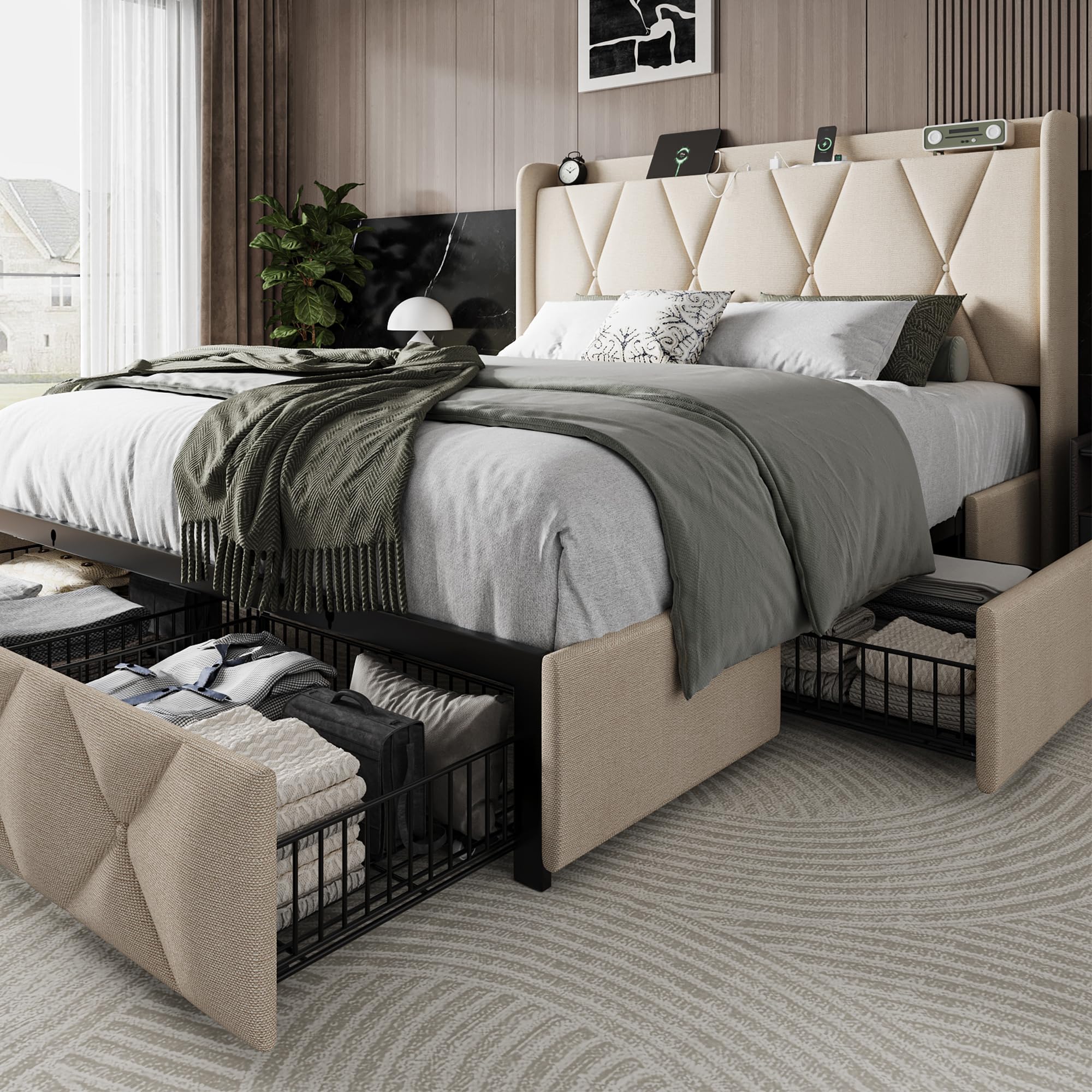 View 2 of ***THERE IS A BOX OR 2 MISSING*THIS IS ONLY ONE THIRD OF THE BED INCLUDED HERE***Einhomn Full Size Bed Frame with 4 Storage Drawers and Charging Station, Upholstered Platform Bed Frame with Storage Headboard, No Box Spring Needed, Easy Assembly, Beige***T
