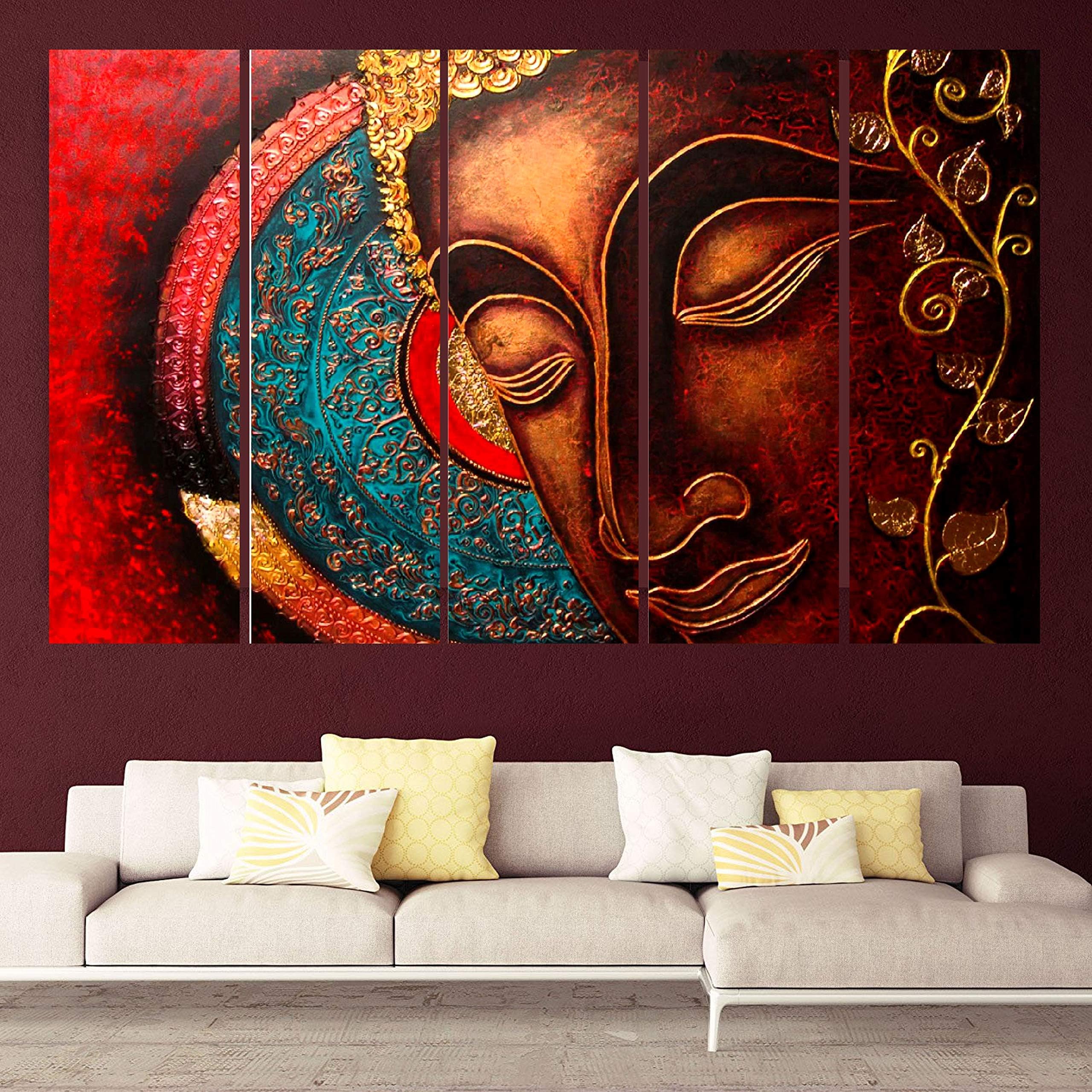 Kyara arts Multiple Frames, Beautiful Buddha Wall Painting for Living Room, Bedroom, Office, Hotels, Drawing Room Wooden Framed Digital Painting (76cmx148cm)