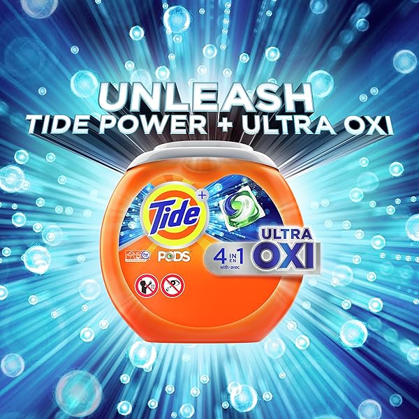 TIDE 4-IN-1 ULTRA OXI PODS LAUNDRY DETERGENT PACS, 85 COUNT, HE COMPATIBLE, BUILT IN PRE-TREATER FOR STAINS