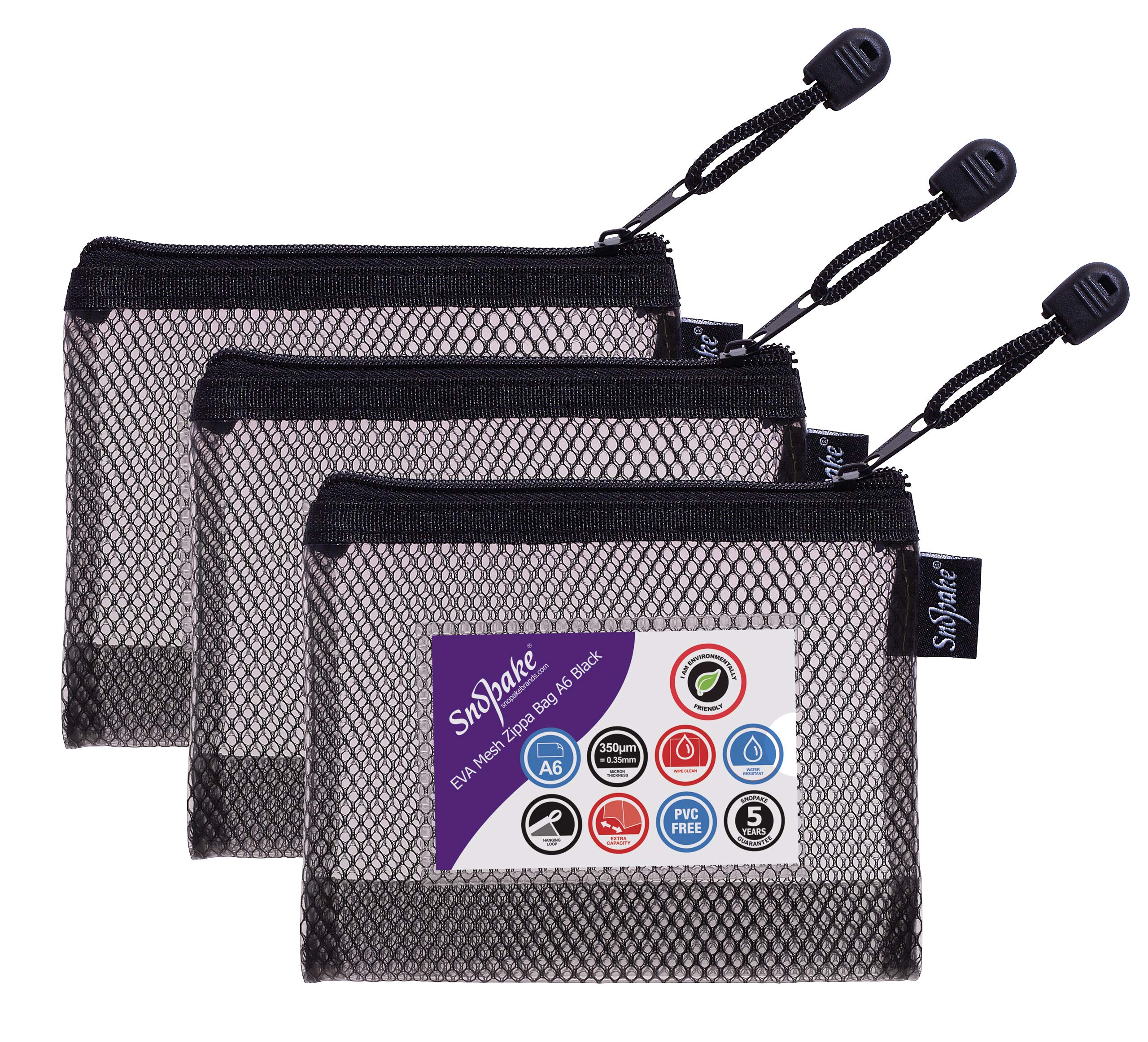 Snopake A6 High Capacity Black EVA Mesh Zippa-Bag [Pack of 3] 150 x 120mm – Heavy Duty Bag with Hanging Loop and Business Card Holder [15878]