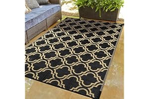 Ompaa Outdoor Plastic Straw Rug for Patio Waterproof, 5x8 Large Reversible Portable Outside Porch Rugs Carpet for Camping Picnic Mat, RV, Backyard, Balcony, Deck, Black & Beige