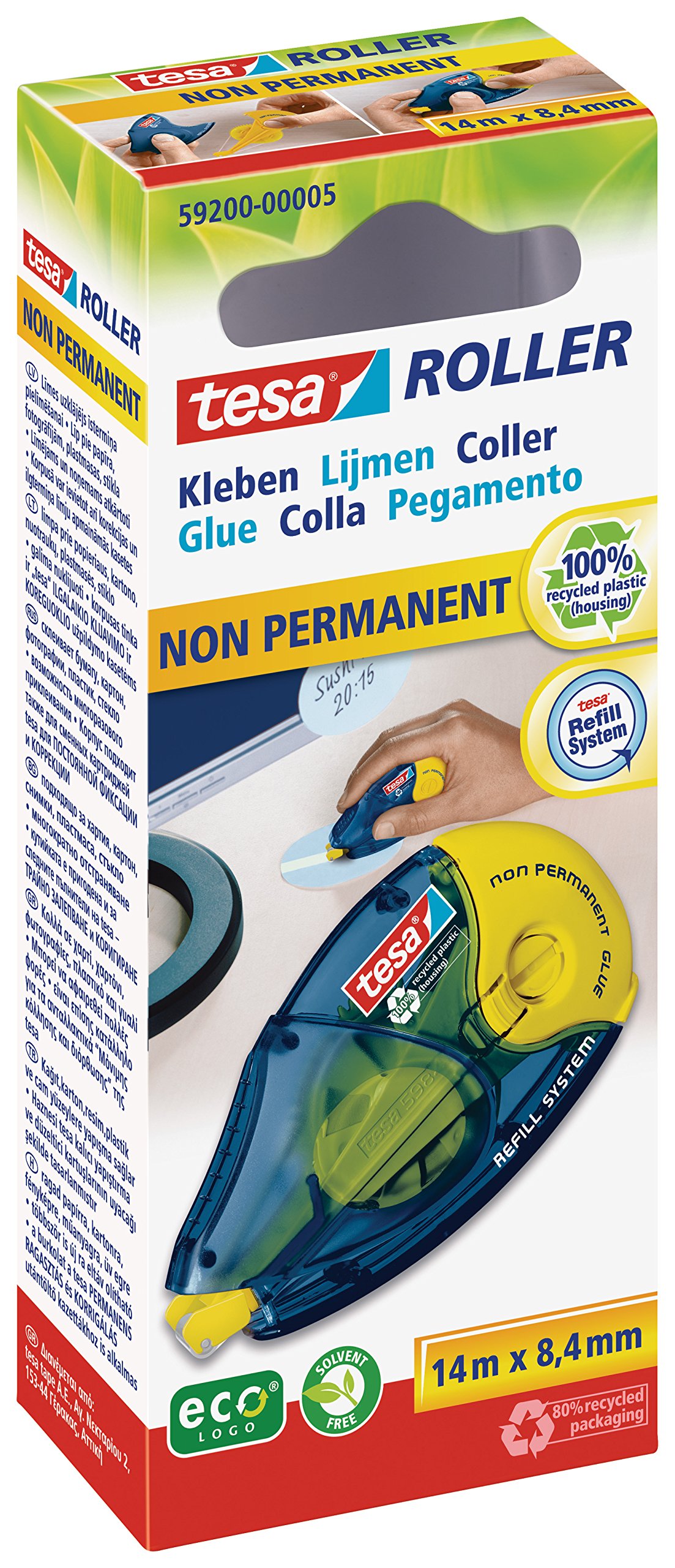 Tesa 59200-00005 Glue Roller Environmentally Friendly ecoLogo Non-Permanent, 14 m x 8.4 mm