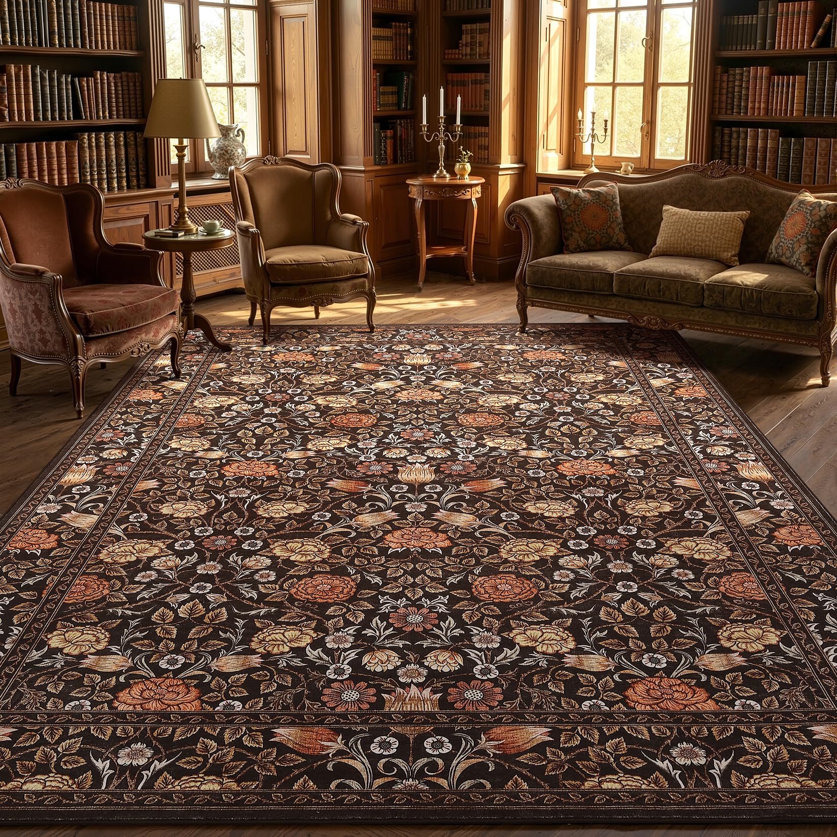 GarveeHome Brown Vintage Floral Washable Rugs 5x7 for Living Room Black Boho Botanical Retro Rug Low Pile Stain Resistance Non Slip Carpet for Bedroom Nursery Dining Room