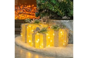 FUNPENY Set of 3 Christmas Lighted Gift Boxes, Plug in 60 LED Light Up Tinsel Present Box Decorations for Outdoor Indoor Christmas Tree, Yard, Home Decor (Max. Size 7.5 x 7.5 x7.1 Inch) (Warm White)