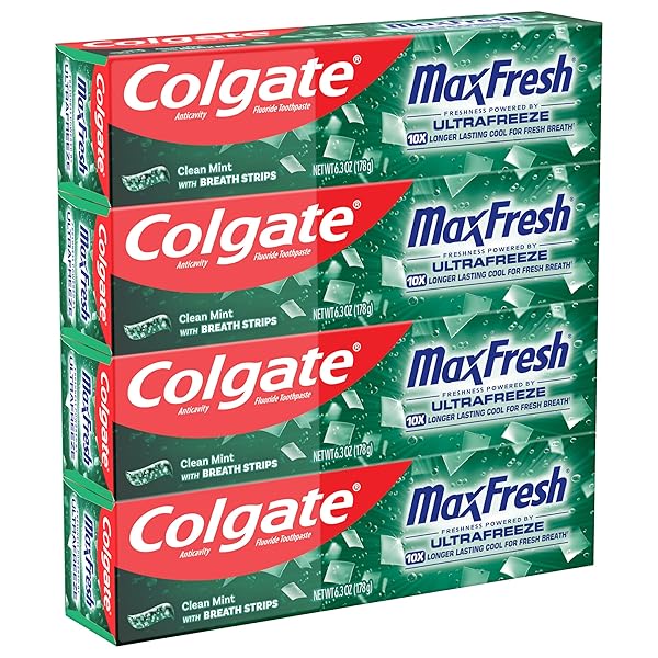 COLGATE MAX FRESH WHITENING TOOTHPASTE WITH MINI STRIPS, CLEAN MINT TOOTHPASTE FOR BAD BREATH, HELPS FIGHT CAVITIES, WHITENS TEETH, AND FRESHENS BREATH, 6.3 OUNCE (PACK OF 4)