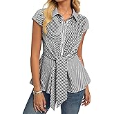 GRACE KARIN Striped Button Down Shirts Women,Short Sleeve Peplum Tops Business Casual,Tie Front Work Cotton Blouses Summer