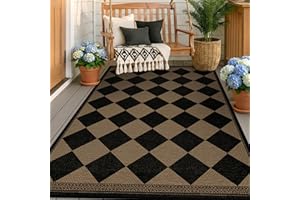 Modern Farmhouse Black & Brown Checkered Easy Jute Outdoor Porch Rug 4x6, Washable Non-Slip Checkerboard Office and Balcony R