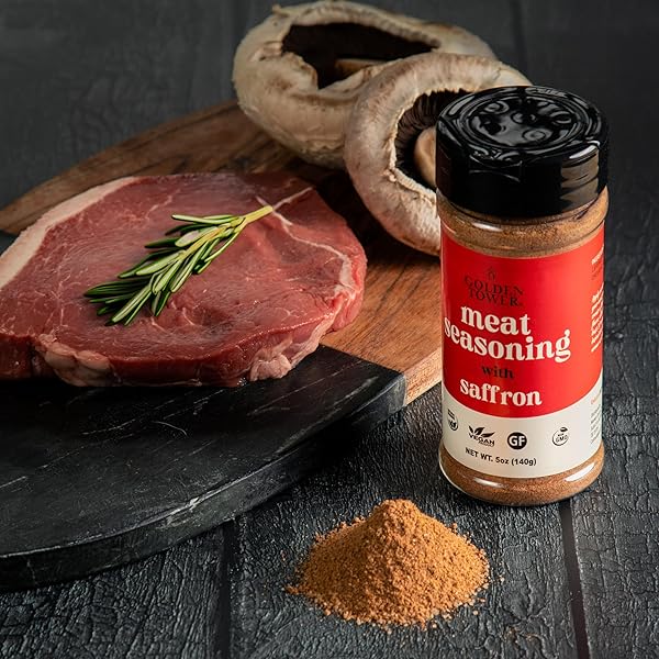 STEAK AND MEAT SEASONING WITH SAFFRON – 100% NATURAL HERBS AND SPICES, BBQ SEASONING, GRILL SEASONING, NON-GMO, NO-MSG, GLUTEN FREE, NATURAL INGREDIENTS BY GOLDEN TOWER – 5OZ PACK – 140G