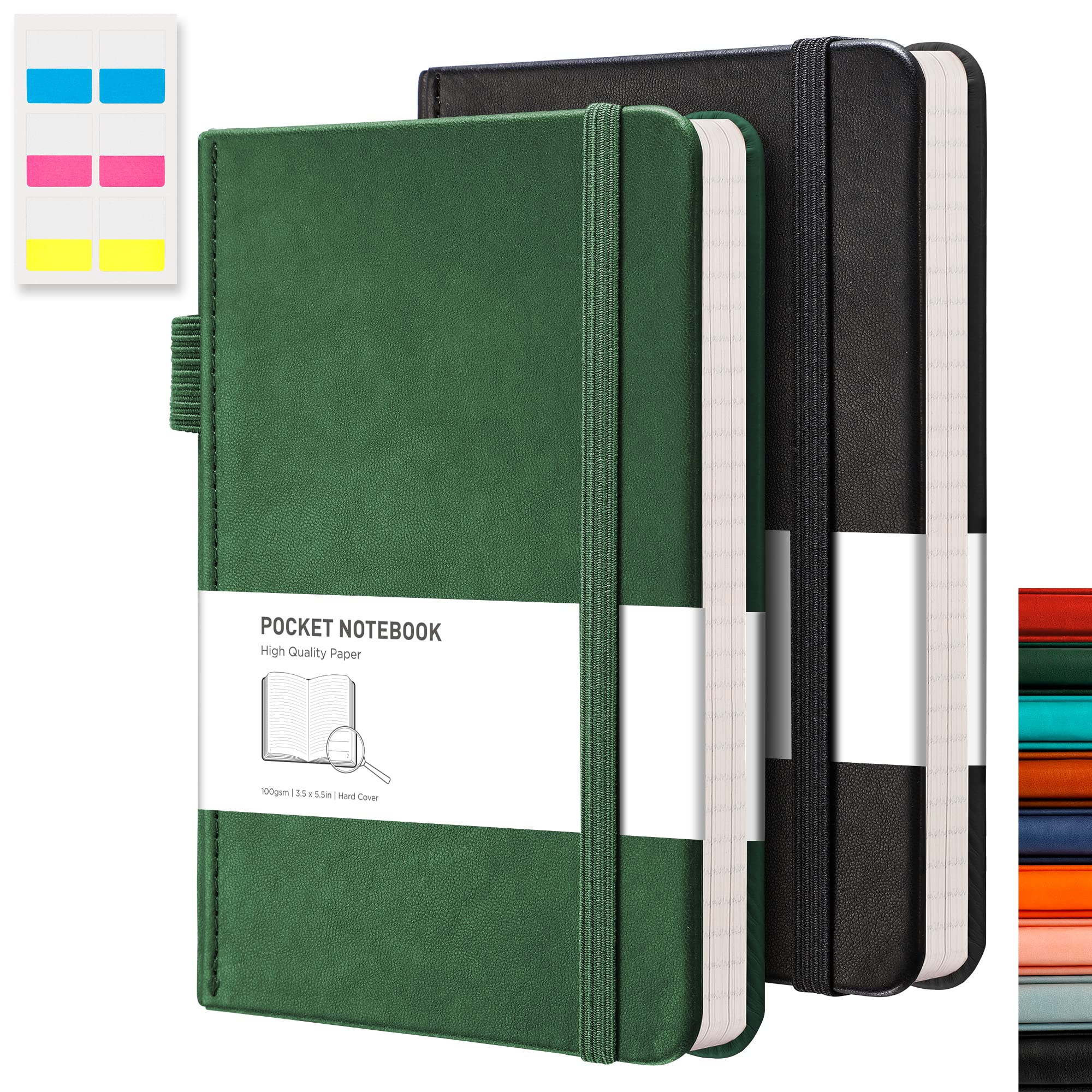 RETTACY Pocket Notebook A6 Mini Notepad 2 Pack Small Hardcover Journal with Content,312 Numbered Pages, 2 Inner Pocket, 100gsm Lined Paper 8.5 x 14 cm - Black Green
