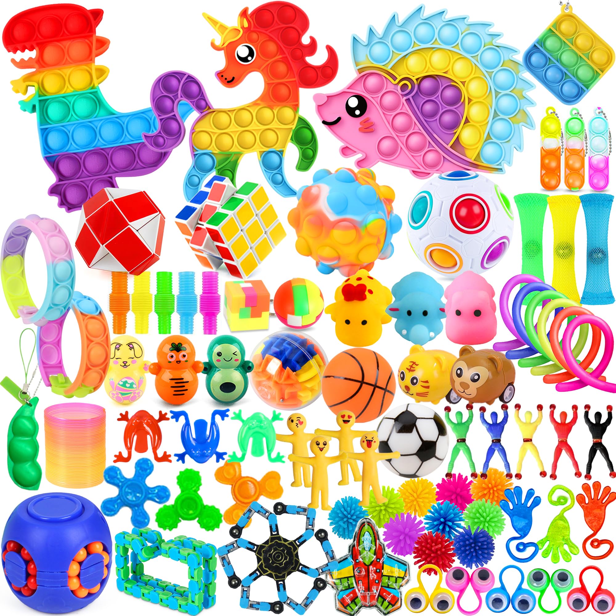 Paochocky Fidget Toy Set, 80PCS Fidget Toys Pack, Relief Stress Green Bug Toy, Sensory Anxiety Decompression Toys for Autism, Hedgehog Unicorn Dinosaur Relaxing for Adults Kids Birthday Party Gift