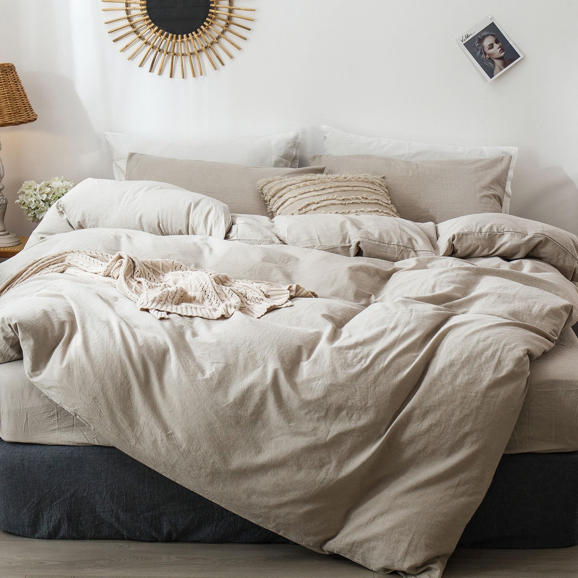 Photo 1 of MooMee Bedding Duvet Cover Set 100% Washed Cotton Linen Like Textured Breathable Durable Soft Comfy (Heathered Tannish Linen Grey, Super King 108"x98")