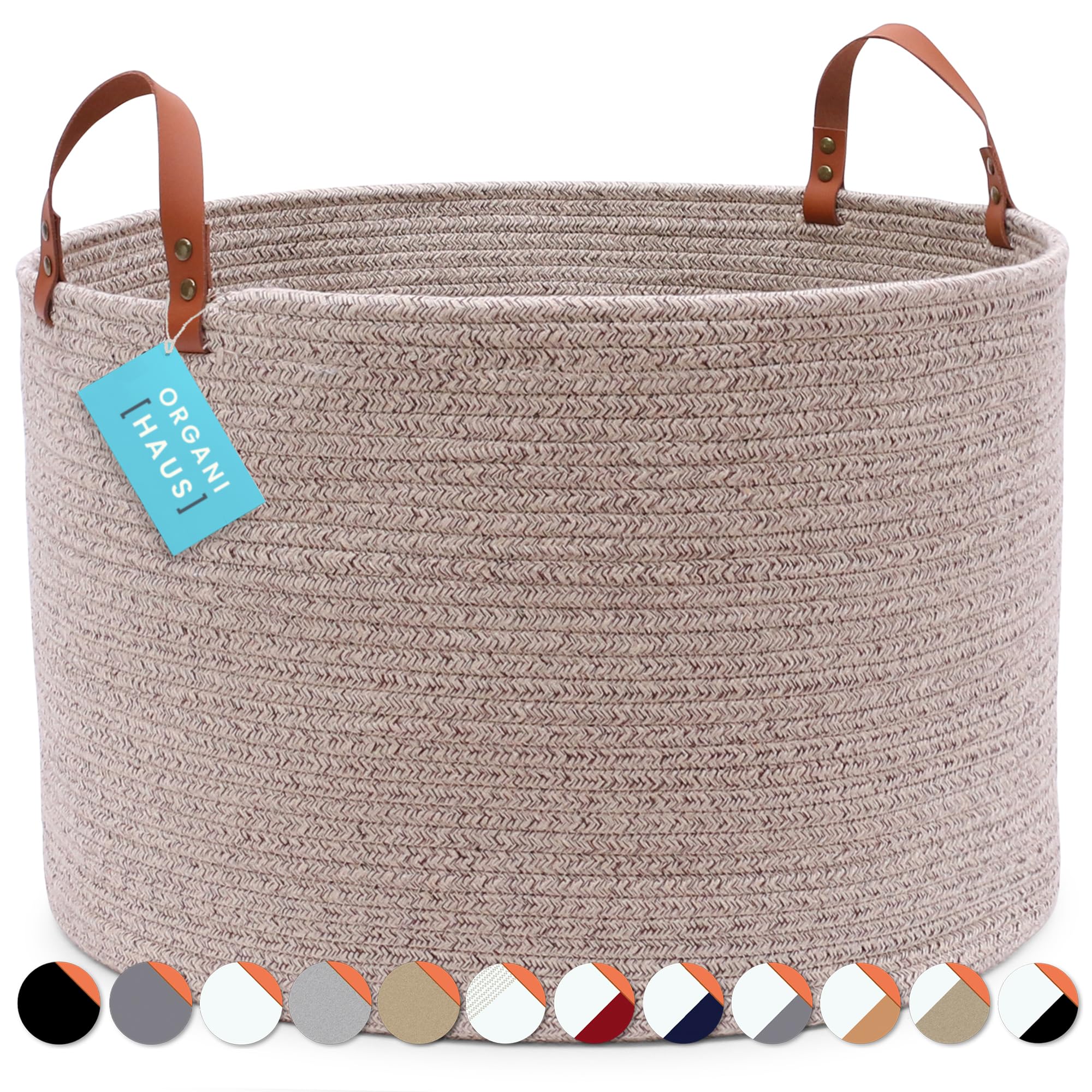 OrganiHaus Laundry Basket With Leather Handles, Extra Large Woven Cotton Rope Bin for Dirty Clothes, Pillows & Towels, Rope Blanket Basket, Dog Toy Storage Bin, Soft Laundry Hamper - 50x33cm, Brown
