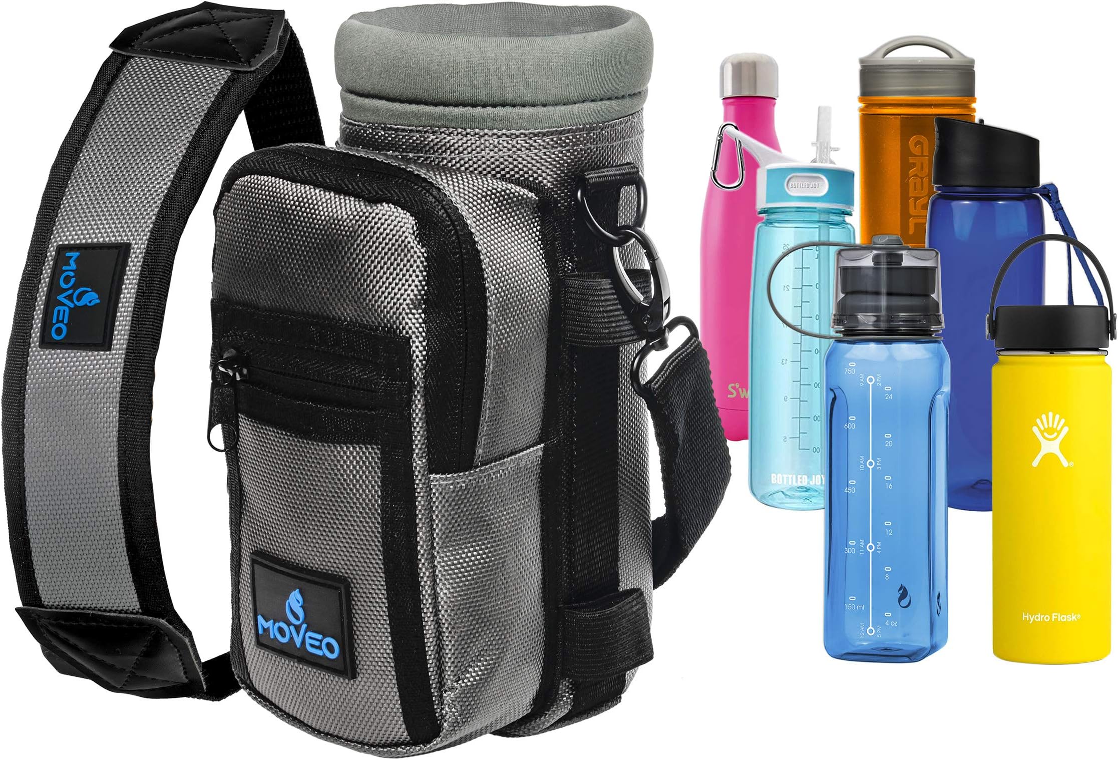 Water Bottle Holder Carrier - Bottle Cooler w/Adjustable Shoulder Strap and Front Pockets - Suitable for 16 oz to 25oz Bottles - Carry Protect & Insulate Your Thermos or Hydro Flask