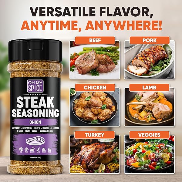 STEAK SEASONING ONION POWDER SEASONING MIX – GLUTEN FREE & LOW SODIUM MEAT SEASONINGS FOR BEEF, RIBEYE, TOMAHAWK & NEW YORK STRIP. STEAKS SEASONINGS FOR GRILLING. STEAK RUB. STEAKS SALT BLEND. 4.7OZ