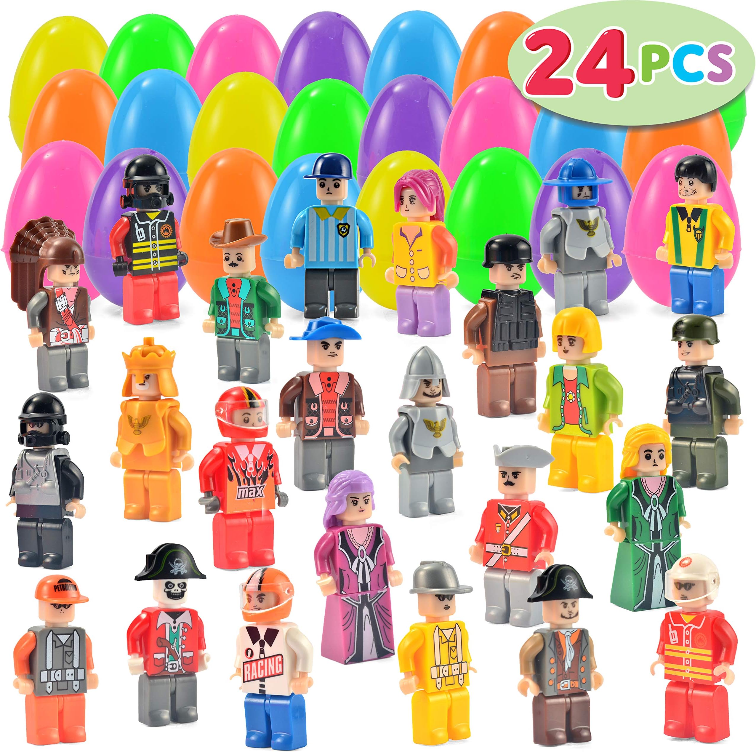 Syncfun 24 Toys Filled Easter Eggs, 2.5” Bright Colorful Prefilled Plastic Easter Eggs with 24 Kinds of Boy and Girl Figurine Toys