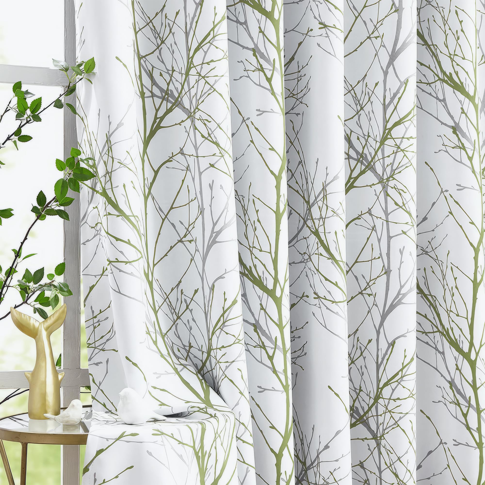 Fmfunctex Blackout Thermal Curtains for Bedroom 54 Inch Drop Green White Eyelet Curtains for Living Room Branch Print Room Darkening Energy Saving Window Curtain Drapes 2 Panels
