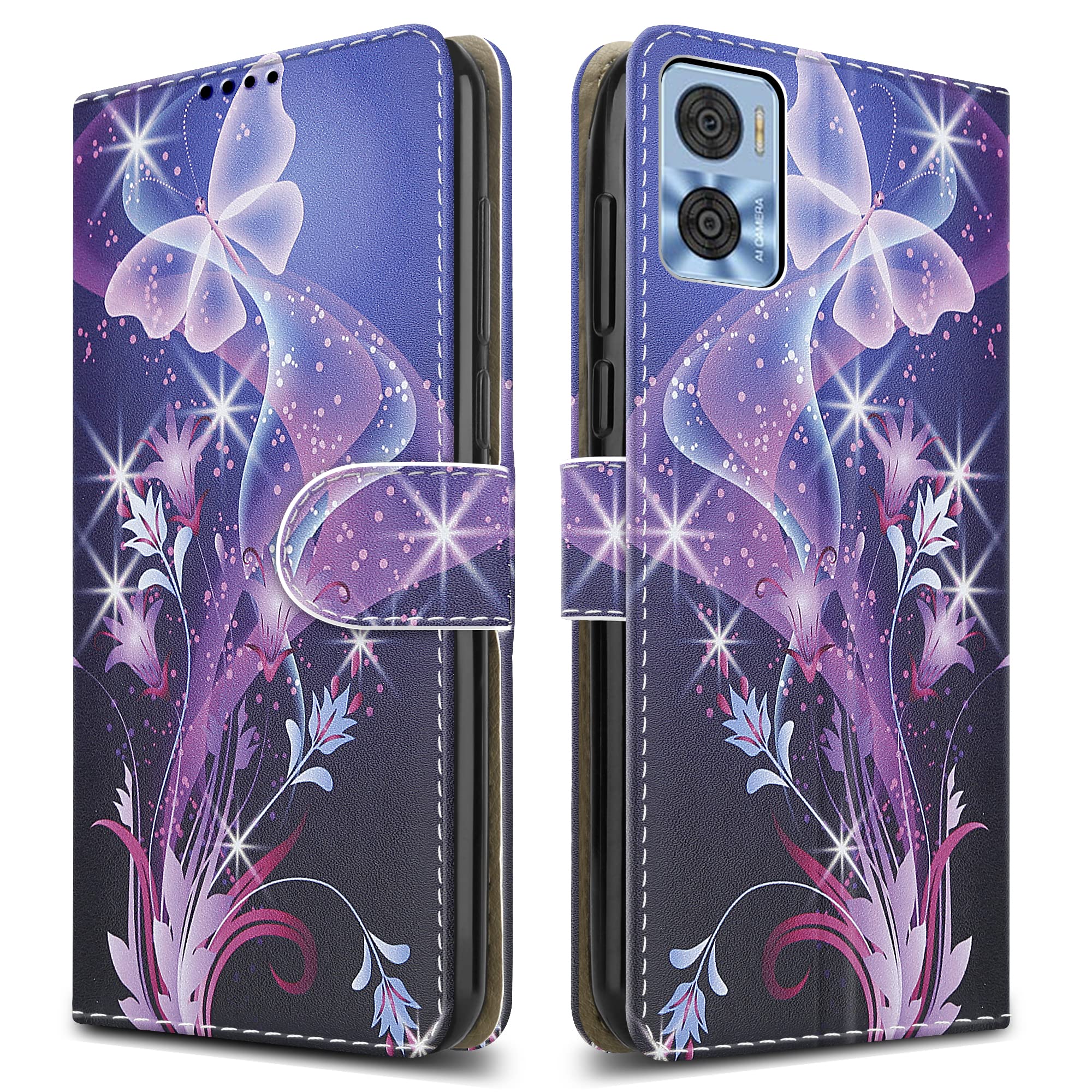 PIXFAB For Motorola E22 / E22i Leather Phone Case, Magnetic Closure Full Protection Book Folio Design, Wallet Case Cover [Card Slots] and [Kickstand] For Motorola Moto E22 / E22i - Butterfly