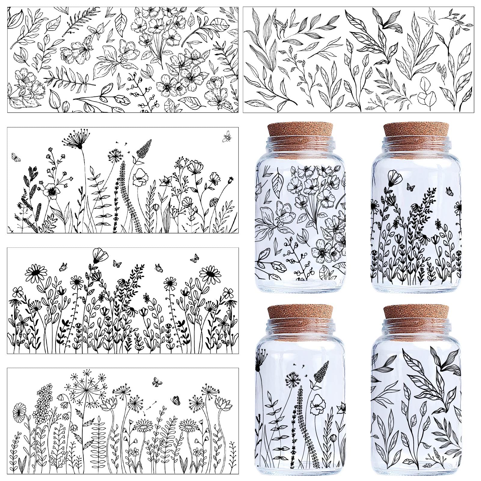 CREATCABIN 5 Sheets Flower Transfer Stickers for Glass Cups - Rub On Transfers Decal Clear UV DTF Cup Wrap PVC Waterproof Wildflower Vintage Stickers Decals for DIY Crafts 9.44x4.33Inch