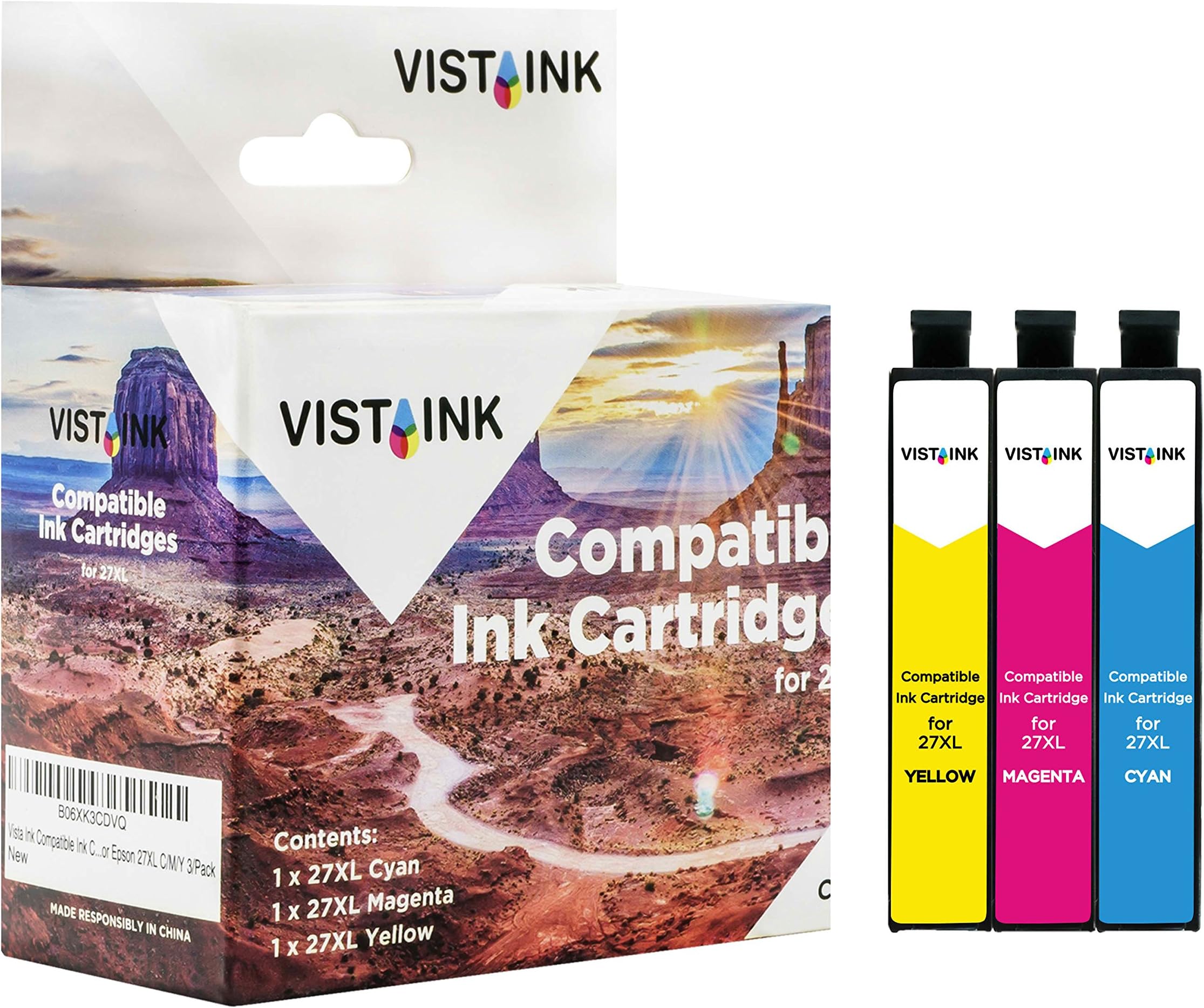 Vista Ink Replacement for Epson 27XL Ink Cartridges High Yield Capacity C/M/Y 3 Pack & Compatible with Epson WorkForce WF-3620DWF, WF-3640DTWF, WF-7110DTW, WF-7610DWF, WF-7620DTWF