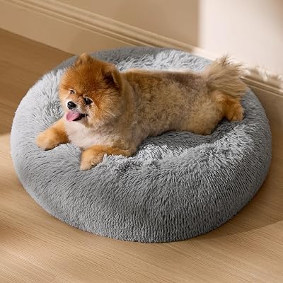 Bedsure Plush Round Cat Bed 60x60x14cm Washable Light Grey Calming